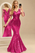 Rutipo Fuchsia Sparkle Bejeweled Trumpet Semi Sheer LIlusion Sleeves Evening Dresses With Lace