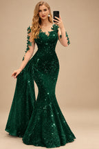 Rutipo Hunter Green Sparkle Bejeweled Trumpet Semi Sheer LIlusion Sleeves Evening Dresses With Lace