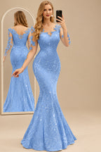Rutipo Light Blue Sparkle Bejeweled Trumpet Semi Sheer LIlusion Sleeves Evening Dresses With Lace