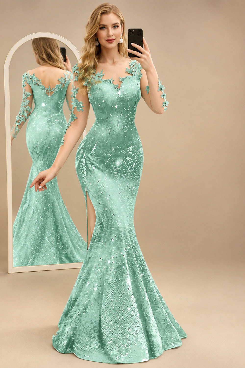 Rutipo Mint Green Sparkle Bejeweled Trumpet Semi Sheer LIlusion Sleeves Evening Dresses With Lace