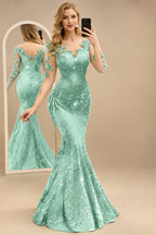 Rutipo Mint Green Sparkle Bejeweled Trumpet Semi Sheer LIlusion Sleeves Evening Dresses With Lace