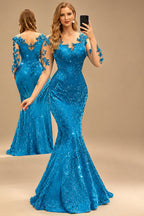 Rutipo Ocean Blue Sparkle Bejeweled Trumpet Semi Sheer LIlusion Sleeves Evening Dresses With Lace