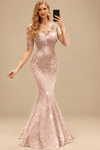 Rutipo Pearl Pink Sparkle Bejeweled Trumpet Semi Sheer LIlusion Sleeves Evening Dresses With Lace