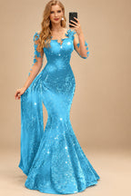 Rutipo Pool Sparkle Bejeweled Trumpet Semi Sheer LIlusion Sleeves Evening Dresses With Lace
