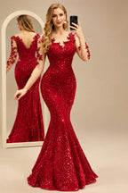 Rutipo Red Sparkle Bejeweled Trumpet Semi Sheer LIlusion Sleeves Evening Dresses With Lace