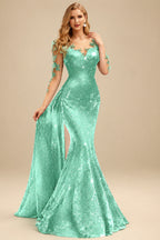 Rutipo Spa Sparkle Bejeweled Trumpet Semi Sheer LIlusion Sleeves Evening Dresses With Lace