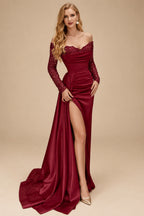Rutipo Burgundy Sheath/Column Off-The-Shoulder Long Sleeves Satin Evening Dresses With High Split