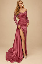 Rutipo Cinnamon Rose Sheath/Column Off-The-Shoulder Long Sleeves Satin Evening Dresses With High Split