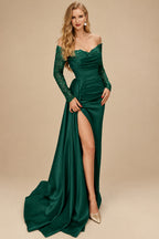 Rutipo Dark Green Sheath/Column Off-The-Shoulder Long Sleeves Satin Evening Dresses With High Split