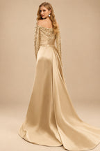 Rutipo Gold Sheath/Column Off-The-Shoulder Long Sleeves Satin Evening Dresses With High Split