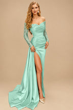 Rutipo Mint Green Sheath/Column Off-The-Shoulder Long Sleeves Satin Evening Dresses With High Split