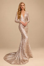 Rutipo As Picture Trumpet/Mermaid V-Neck Long Sleeves Sequined Evening Dresses With Back Hole