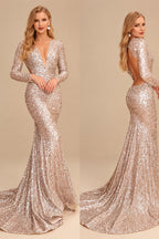 Rutipo As Picture Trumpet/Mermaid V-Neck Long Sleeves Sequined Evening Dresses With Back Hole