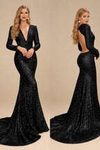 Rutipo Black Trumpet/Mermaid V-Neck Long Sleeves Sequined Evening Dresses With Back Hole
