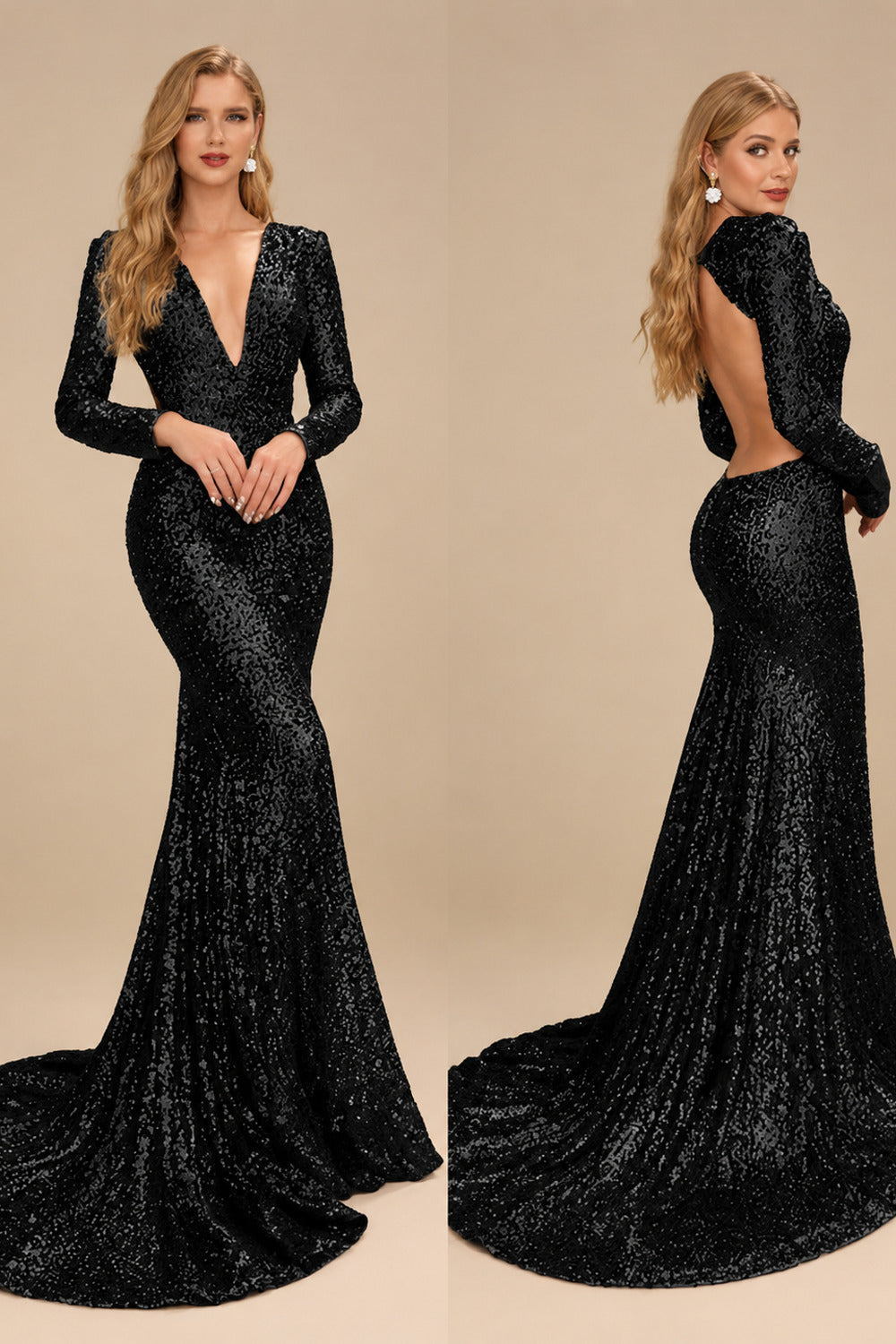 Rutipo Black Trumpet/Mermaid V-Neck Long Sleeves Sequined Evening Dresses With Back Hole