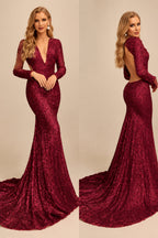 Rutipo Burgundy Trumpet/Mermaid V-Neck Long Sleeves Sequined Evening Dresses With Back Hole