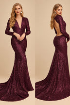 Rutipo Cabernet Trumpet/Mermaid V-Neck Long Sleeves Sequined Evening Dresses With Back Hole