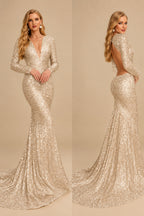 Rutipo Champagne Trumpet/Mermaid V-Neck Long Sleeves Sequined Evening Dresses With Back Hole