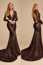 Rutipo Chocolate Trumpet/Mermaid V-Neck Long Sleeves Sequined Evening Dresses With Back Hole
