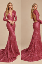 Rutipo Cinnamon Rose Trumpet/Mermaid V-Neck Long Sleeves Sequined Evening Dresses With Back Hole