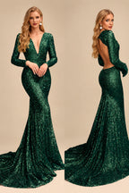 Rutipo Dark Green Trumpet/Mermaid V-Neck Long Sleeves Sequined Evening Dresses With Back Hole
