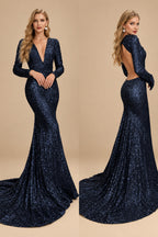 Rutipo Dark Navy Trumpet/Mermaid V-Neck Long Sleeves Sequined Evening Dresses With Back Hole