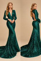 Rutipo Emerald Trumpet/Mermaid V-Neck Long Sleeves Sequined Evening Dresses With Back Hole