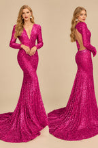 Rutipo Hot Pink Trumpet/Mermaid V-Neck Long Sleeves Sequined Evening Dresses With Back Hole