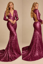 Rutipo Mulberry Trumpet/Mermaid V-Neck Long Sleeves Sequined Evening Dresses With Back Hole