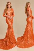 Rutipo Orange Trumpet/Mermaid V-Neck Long Sleeves Sequined Evening Dresses With Back Hole