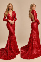Rutipo Red Trumpet/Mermaid V-Neck Long Sleeves Sequined Evening Dresses With Back Hole