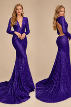 Rutipo Regency Trumpet/Mermaid V-Neck Long Sleeves Sequined Evening Dresses With Back Hole