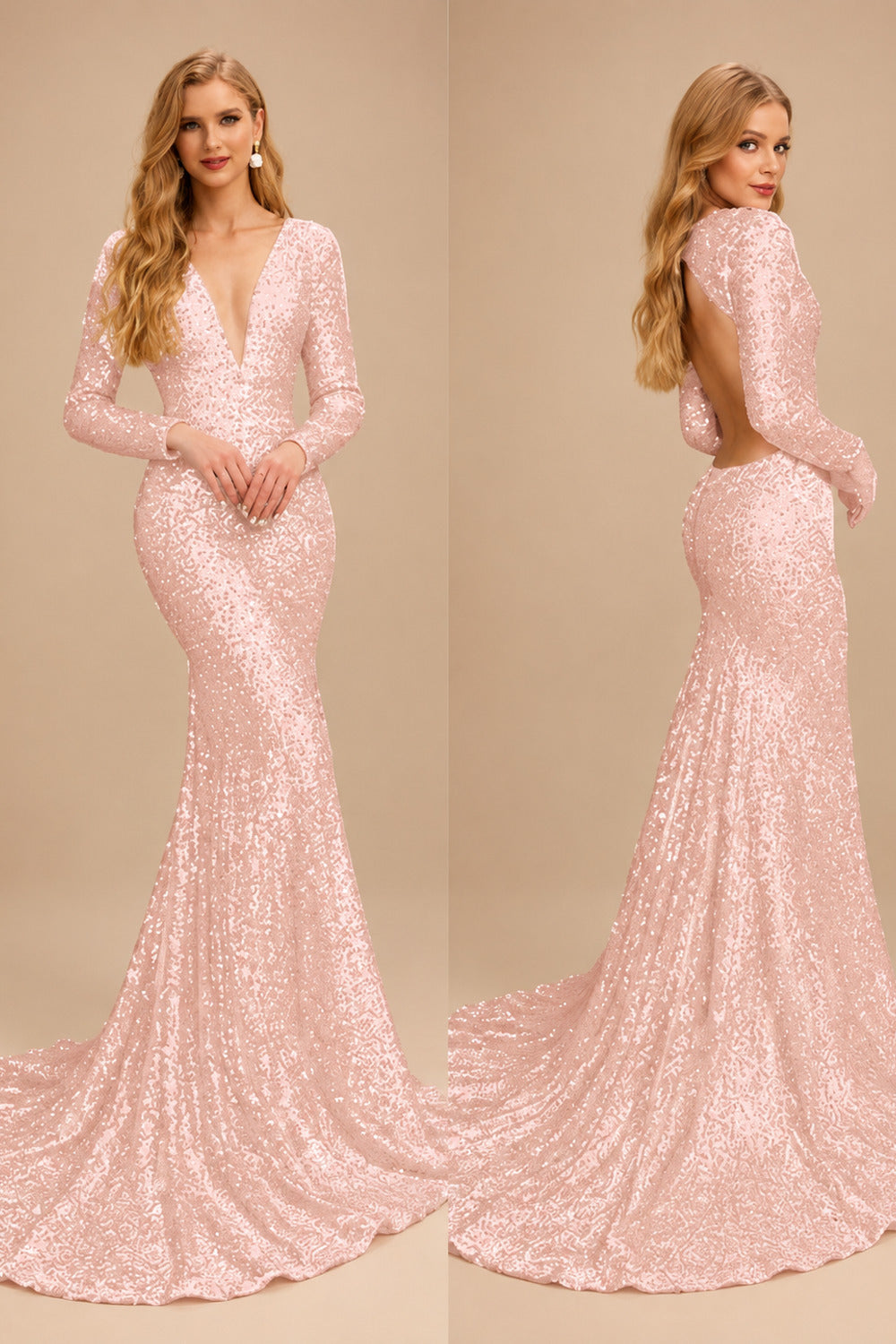 Rutipo Rose Gold Trumpet/Mermaid V-Neck Long Sleeves Sequined Evening Dresses With Back Hole