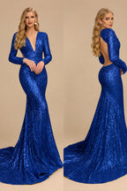 Rutipo Royal Blue Trumpet/Mermaid V-Neck Long Sleeves Sequined Evening Dresses With Back Hole