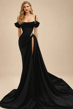 Rutipo Black Cowl Neck Beading Charmeuse High Slit Evening Dresses