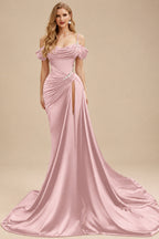 Rutipo Dusty Rose Cowl Neck Beading Charmeuse High Slit Evening Dresses