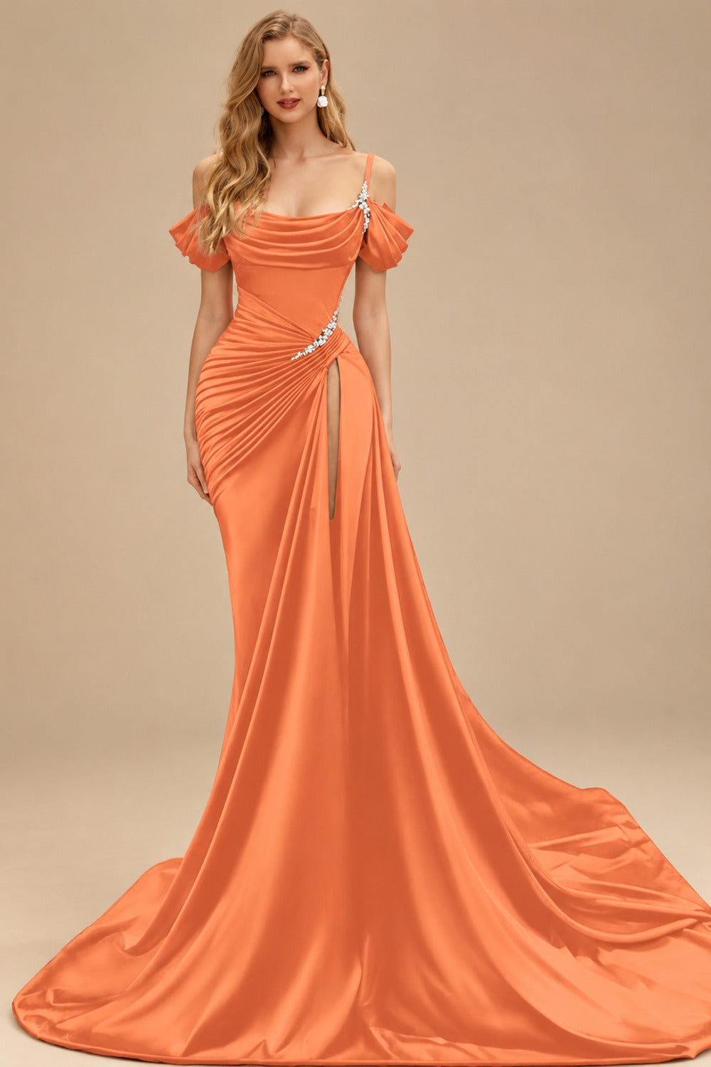 Rutipo Orange Cowl Neck Beading Charmeuse High Slit Evening Dresses
