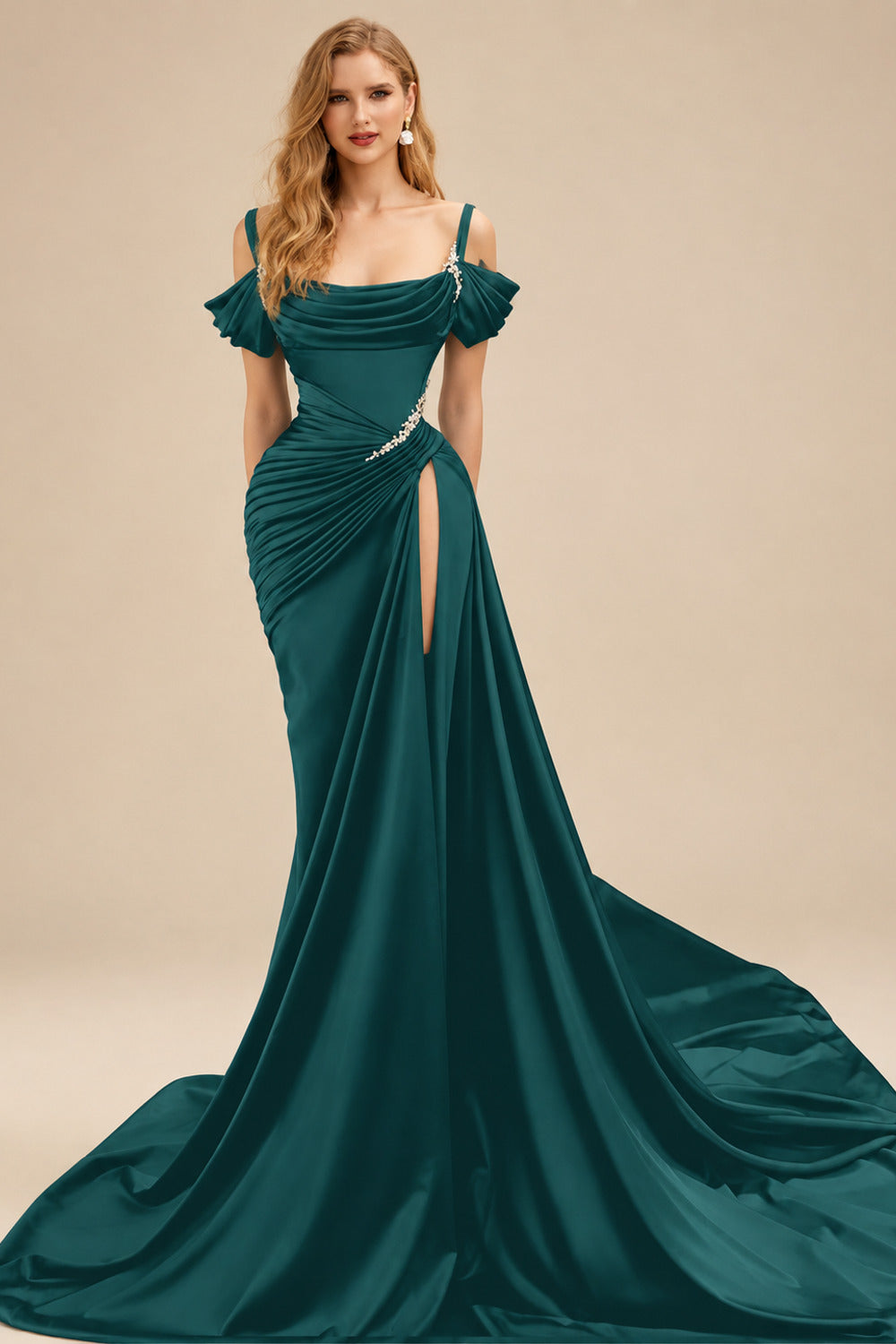 Rutipo Peacock Cowl Neck Beading Charmeuse High Slit Evening Dresses