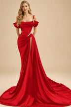 Rutipo Red Cowl Neck Beading Charmeuse High Slit Evening Dresses