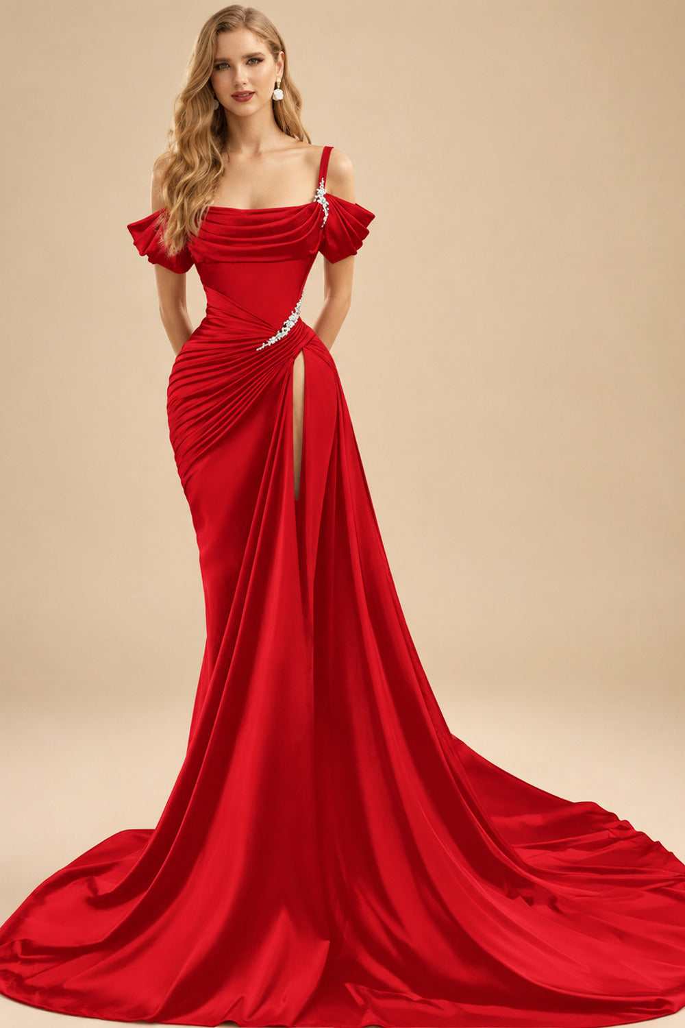 Rutipo Red Cowl Neck Beading Charmeuse High Slit Evening Dresses
