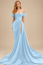 Rutipo Sky Blue Cowl Neck Beading Charmeuse High Slit Evening Dresses