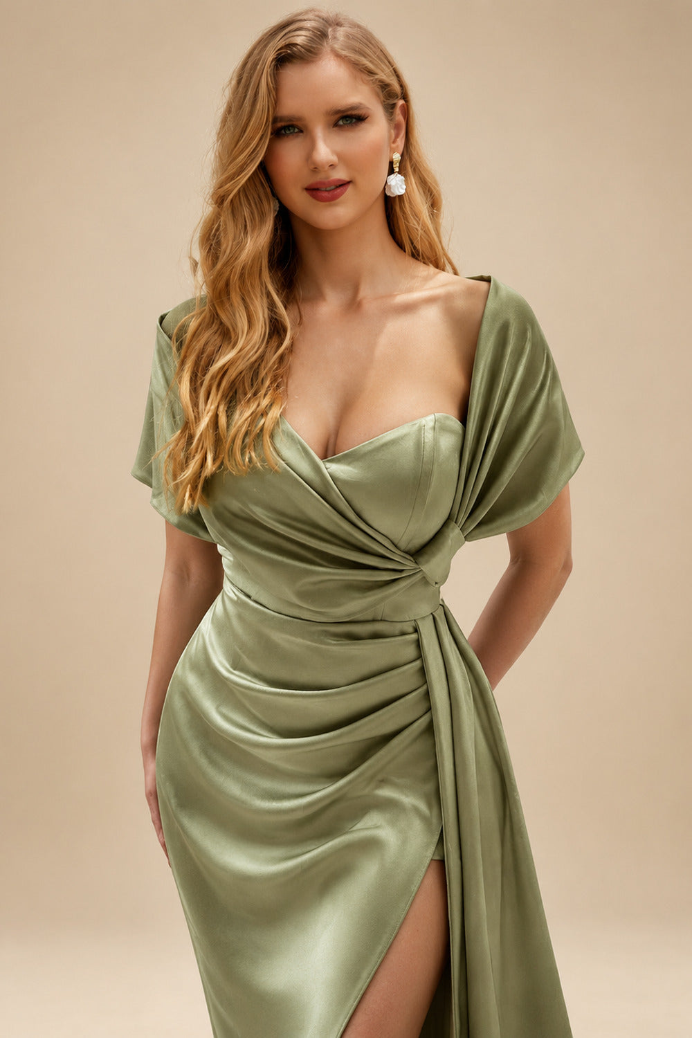 Rutipo As Picture Whimsical Bow Wrap Asymmetric Silk Like Satin Evening Dresses With Front Slit