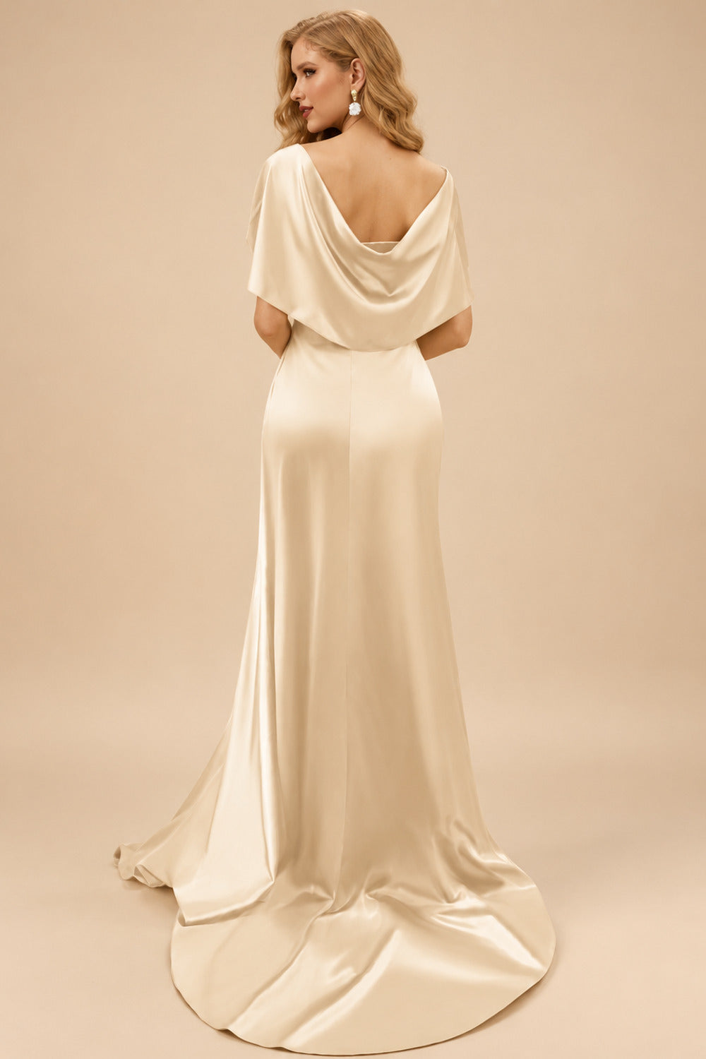 Rutipo Champagne Whimsical Bow Wrap Asymmetric Silk Like Satin Evening Dresses With Front Slit