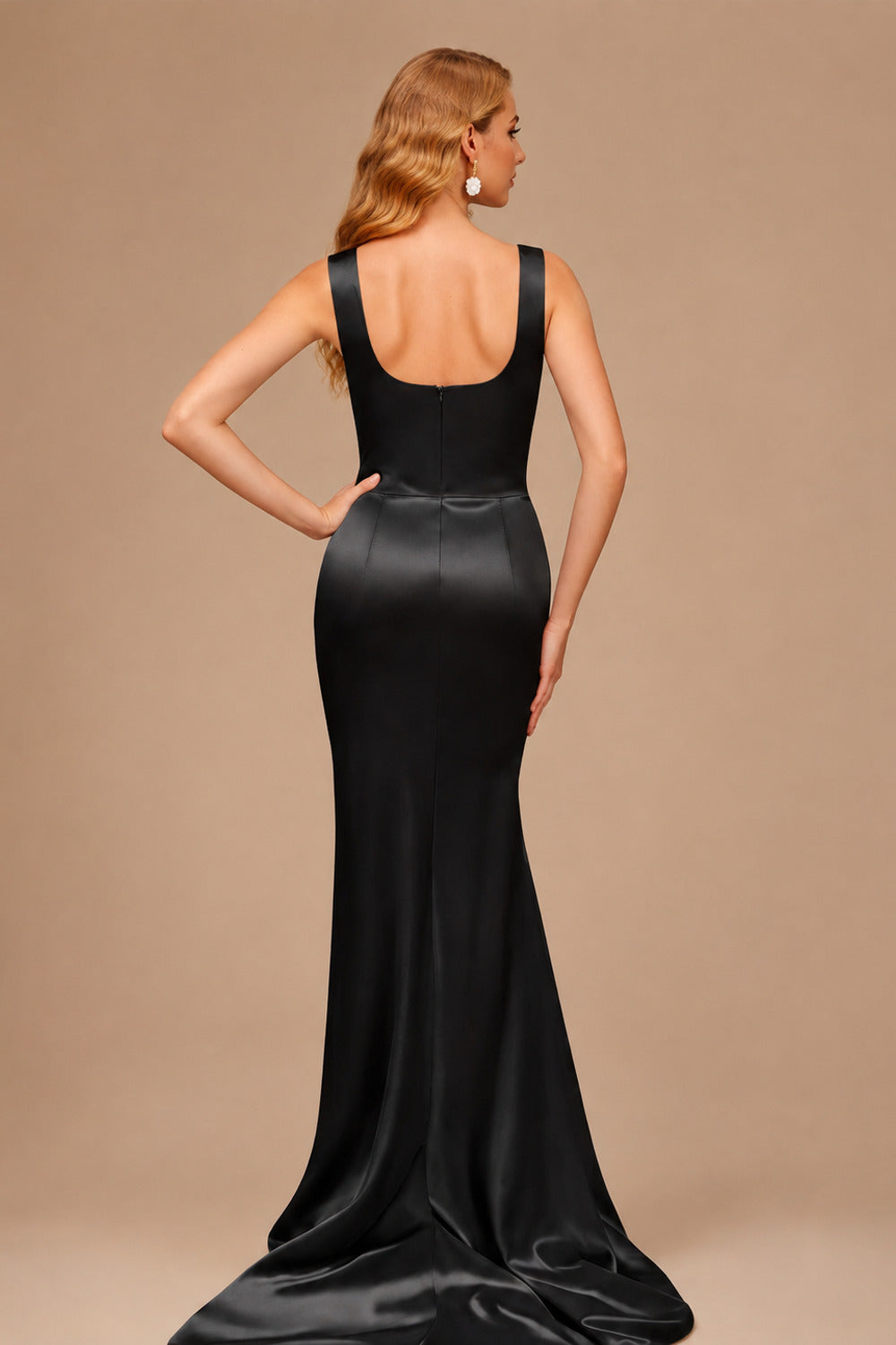 Rutipo Black Square Neckline High Slit Evening Dresses