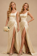 Rutipo Champagne Square Neckline High Slit Evening Dresses