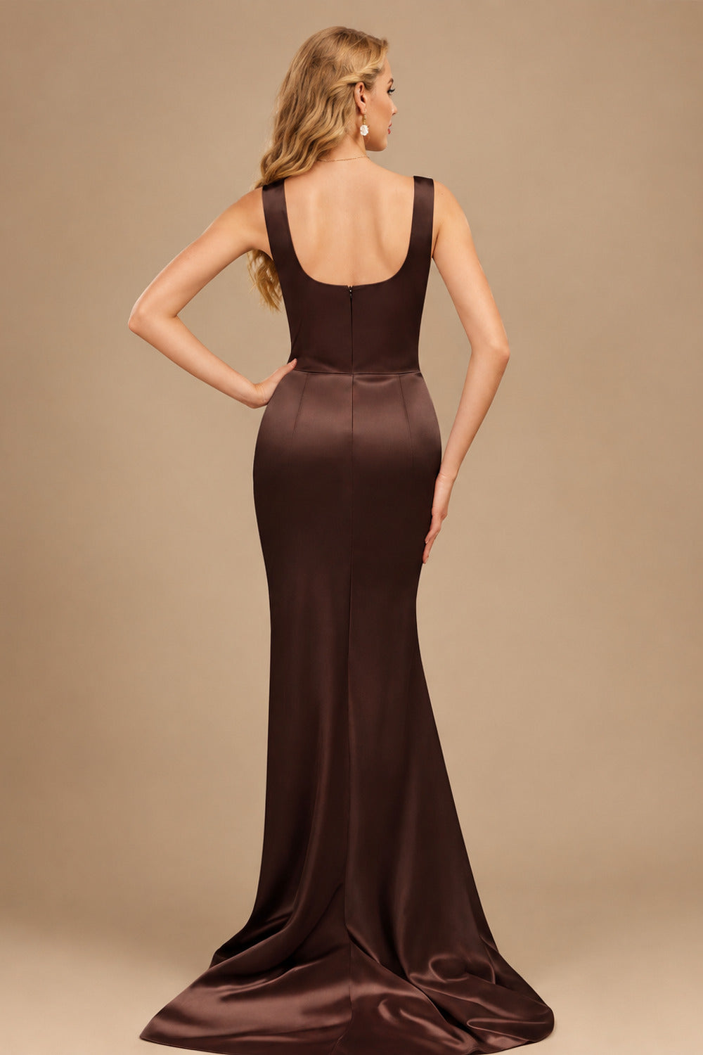Rutipo Chocolate Square Neckline High Slit Evening Dresses