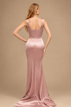 Rutipo Dusty Rose Square Neckline High Slit Evening Dresses