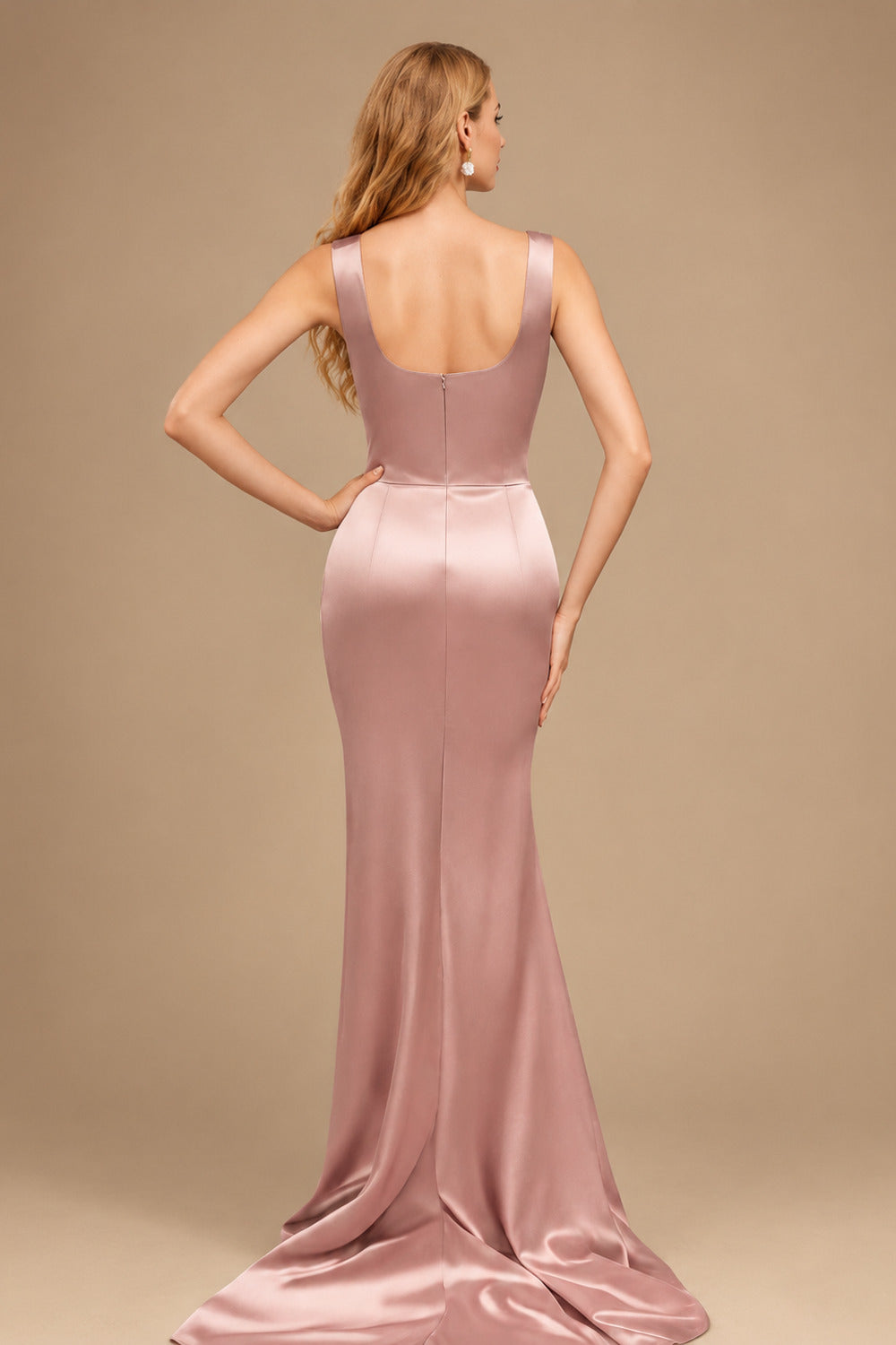 Rutipo Dusty Rose Square Neckline High Slit Evening Dresses