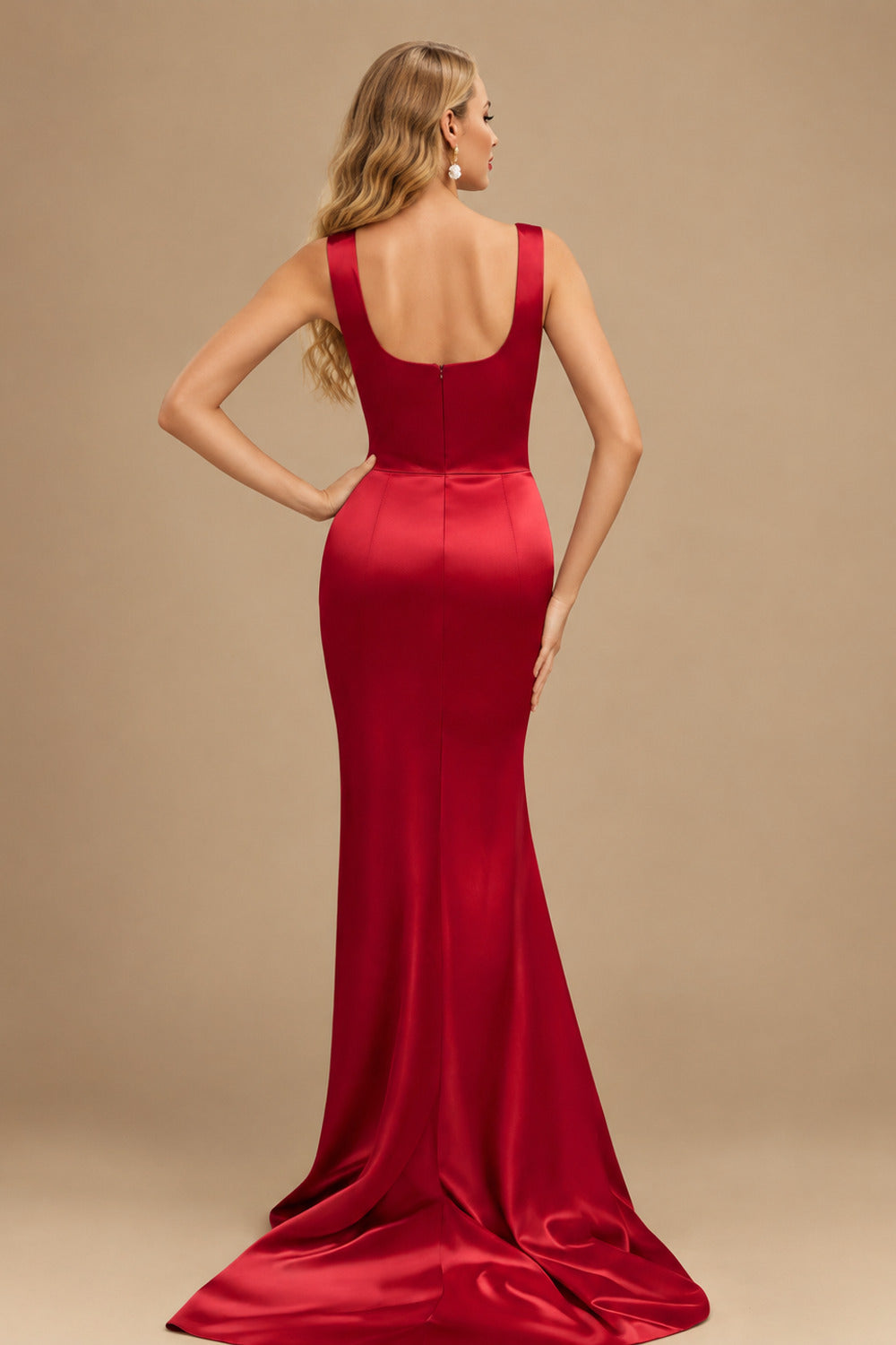Rutipo Red Square Neckline High Slit Evening Dresses