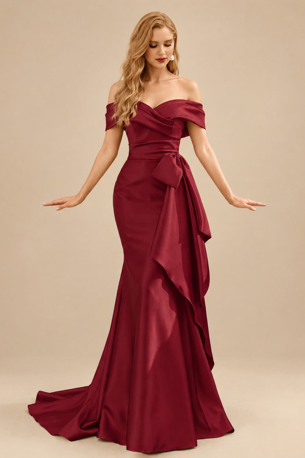 Rutipo Burgundy Seductive Bow Accented Waist Evening Dresses With Off-Shoulder Collar Draping